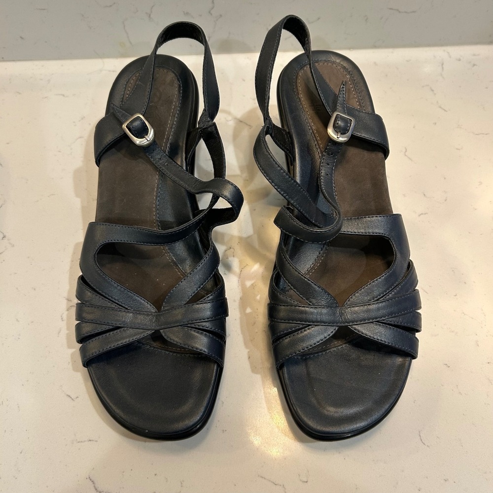 Dansko Women Navy Blue Leather Slingback‎ Wedge Sandals Size 40
